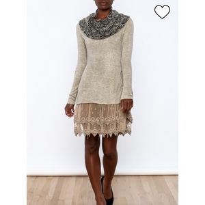 Altard State Womens Cowl Neck Boho Knit Lace Tunic Dress Brown Cream  Sz Small
